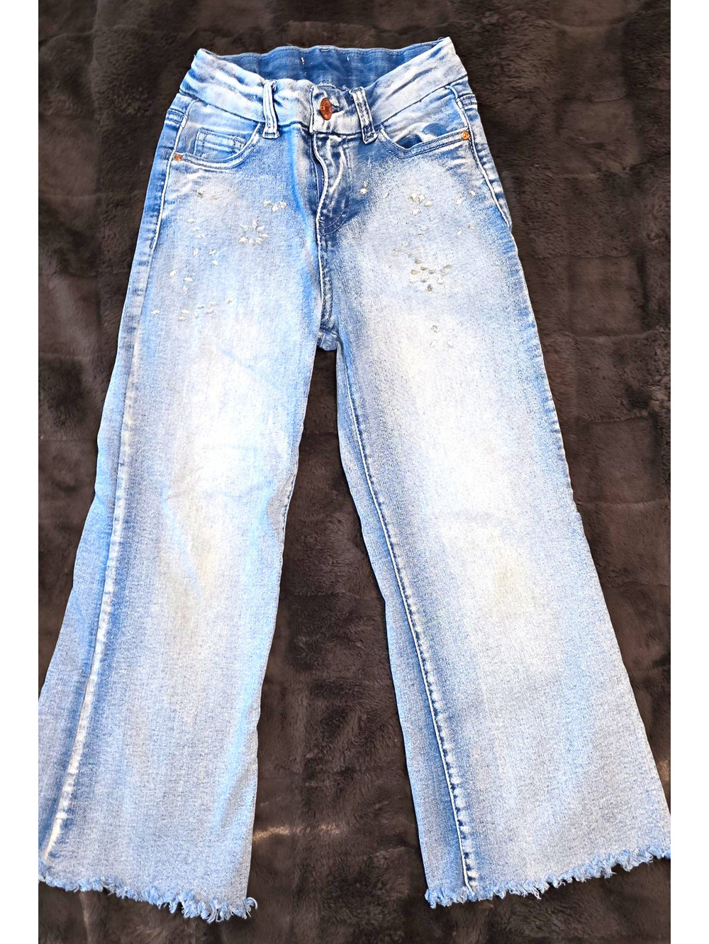 Girls Size 7 Light Wash Blue Flared Denim Jeans Fringe Hem Button Pockets